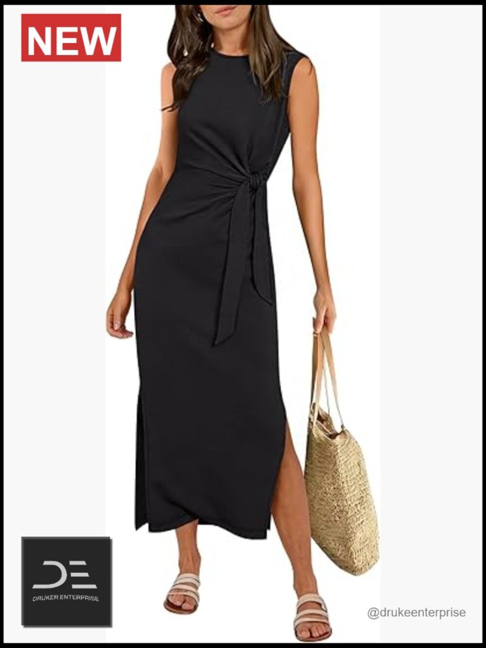 Slim Fit Maxi Dress with Tie Waist & Side Slit, Wrinkle-Free, Sleeveless Crew